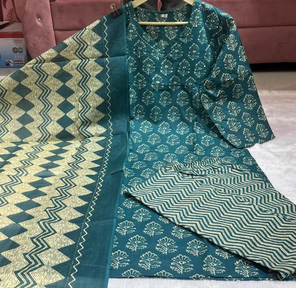 Women_Jaipuri_Trendy_Flower_Printed_And_Sequince_Worked_Cotton_Rama_Kurta_With_Pant_And_Dupatta