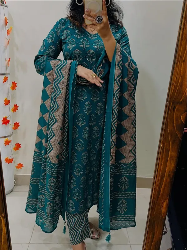 Women_Jaipuri_Trendy_Flower_Printed_And_Sequince_Worked_Cotton_Rama_Kurta_With_Pant_And_Dupatta