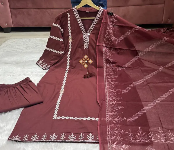 Women_Trendy_Wear_Maroon_Cotton_Embriodered_Straight_Kurta_With_Pant_and_Dupatta