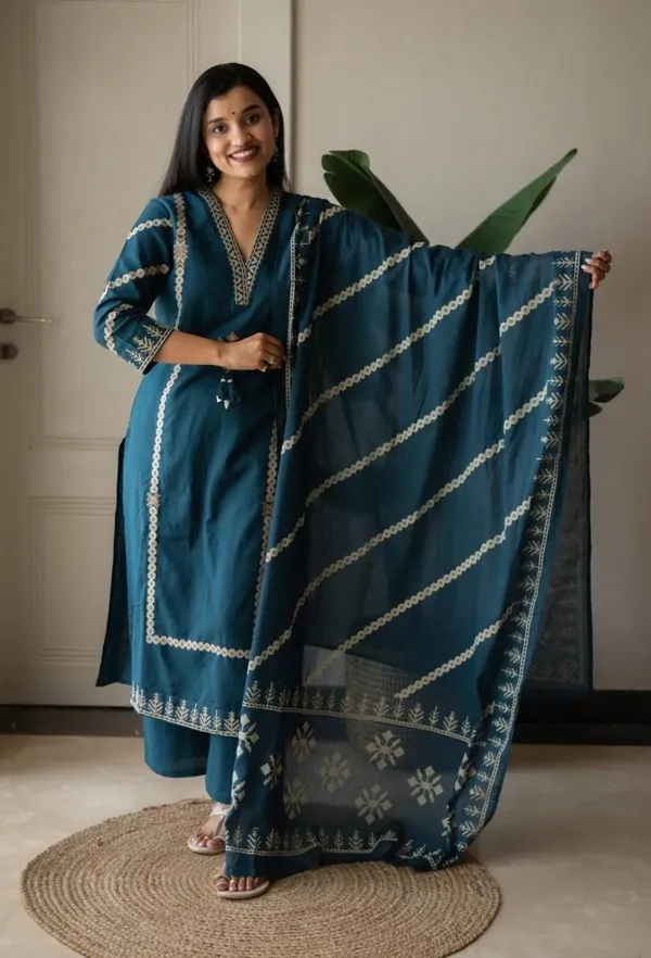 Women_Trendy_Wear_Rama_Cotton_Embriodered_Straight_Kurta_With_Pant_and_Dupatta