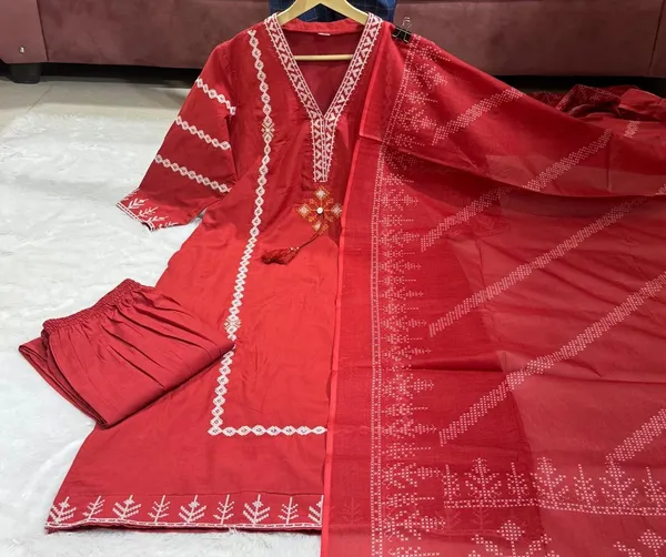 Women_Trendy_Wear_Red_Cotton_Embriodered_Straight_Kurta_With_Pant_and_Dupatta