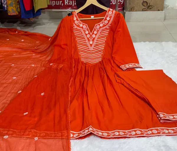 Jaipuri_Women_White_Embroidered_Panel_Worked_Flared_Cotton_Orange_Color_Kurta_With_Pant_and_Dupatta