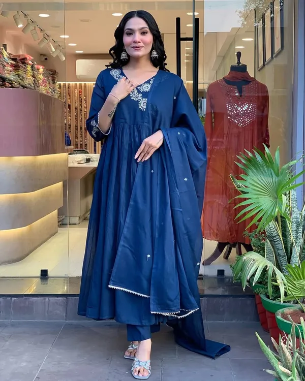 Beautiful_Heavy_Embroidery_on_kurtas_and_sleeves_and__Sequence_Work_on_Front_Yoke_Cotton_Blue_Kurta__With_Pant_and_Dupatta