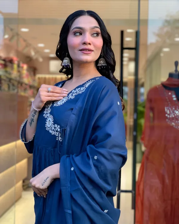 Beautiful_Heavy_Embroidery_on_kurtas_and_sleeves_and__Sequence_Work_on_Front_Yoke_Cotton_Blue_Kurta__With_Pant_and_Dupatta