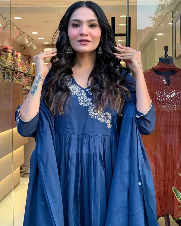 Beautiful_Heavy_Embroidery_on_kurtas_and_sleeves_and__Sequence_Work_on_Front_Yoke_Cotton_Blue_Kurta__With_Pant_and_Dupatta