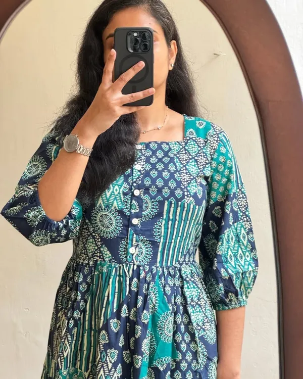 Beautiful_ikkat_Printed_Cotton_Full_Flair_Middy_Gown_Short_Kurti