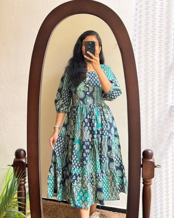 Beautiful_ikkat_Printed_Cotton_Full_Flair_Middy_Gown_Short_Kurti