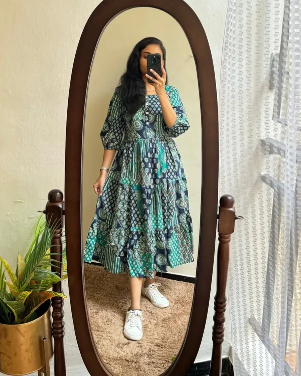 Beautiful_ikkat_Printed_Cotton_Full_Flair_Middy_Gown_Short_Kurti