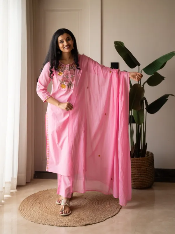 Premium_Floral_Embroiderered_Soft_and_Breathable_Cotton_Fabric_Pink_Straight_Kurta_With_Pant_And_Dupatta