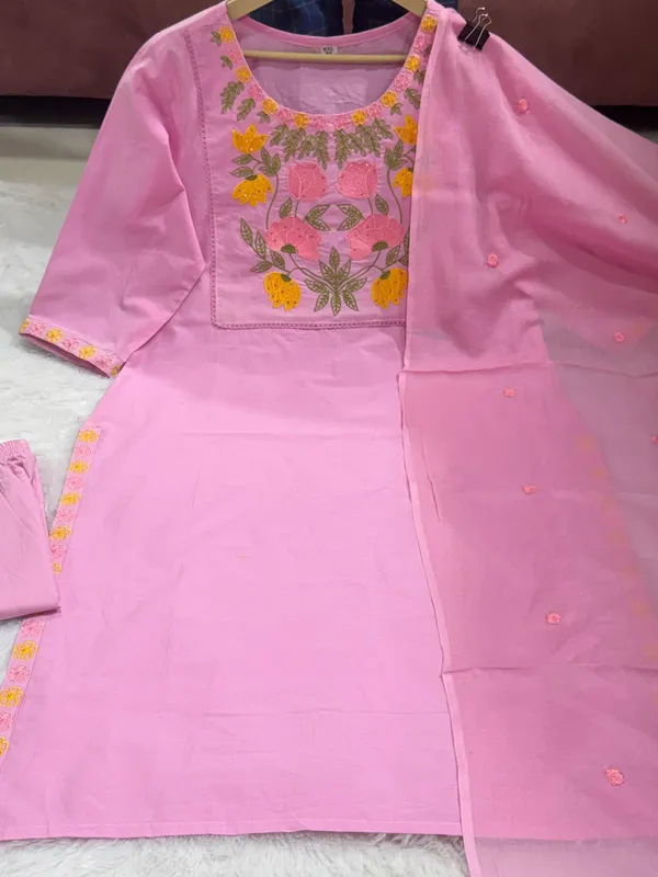 Premium_Floral_Embroiderered_Soft_and_Breathable_Cotton_Fabric_Pink_Straight_Kurta_With_Pant_And_Dupatta