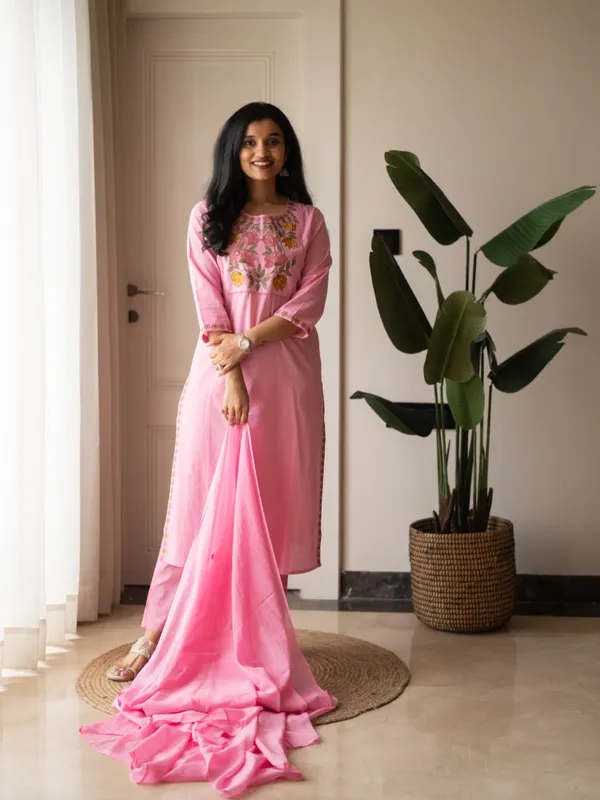 Premium_Floral_Embroiderered_Soft_and_Breathable_Cotton_Fabric_Pink_Straight_Kurta_With_Pant_And_Dupatta