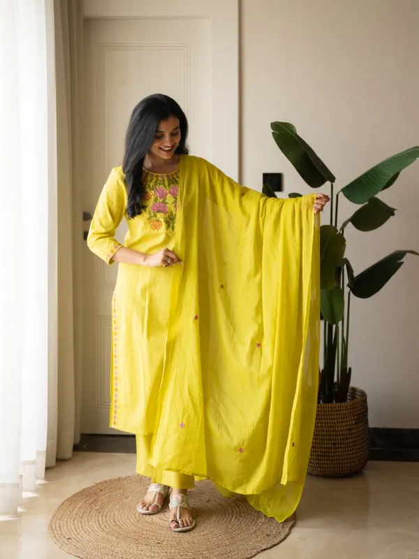 Premium_Floral_Embroiderered_Soft_and_Breathable_Cotton_Fabric_Yellow_Straight_Kurta_With_Pant_And_Dupatta