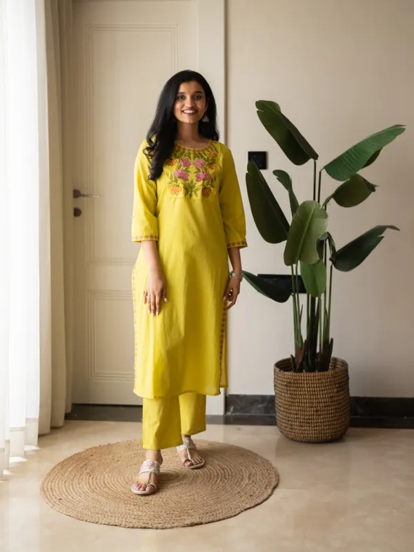 Premium_Floral_Embroiderered_Soft_and_Breathable_Cotton_Fabric_Yellow_Straight_Kurta_With_Pant_And_Dupatta