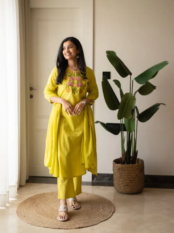 Premium_Floral_Embroiderered_Soft_and_Breathable_Cotton_Fabric_Yellow_Straight_Kurta_With_Pant_And_Dupatta