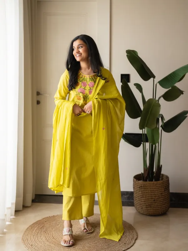 Premium_Floral_Embroiderered_Soft_and_Breathable_Cotton_Fabric_Yellow_Straight_Kurta_With_Pant_And_Dupatta