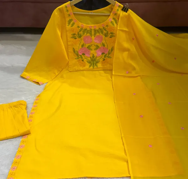 Premium_Floral_Embroiderered_Soft_and_Breathable_Cotton_Fabric_Yellow_Straight_Kurta_With_Pant_And_Dupatta