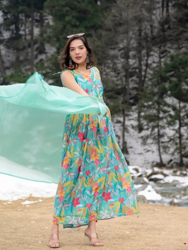 Women_Sleeveless_Premium_Chinon_Printed_Classic_Knee_length_Blue_Kurta_With_Belt_and_Dupatta