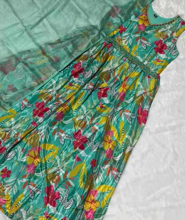 Women_Sleeveless_Premium_Chinon_Printed_Classic_Knee_length_Blue_Kurta_With_Belt_and_Dupatta
