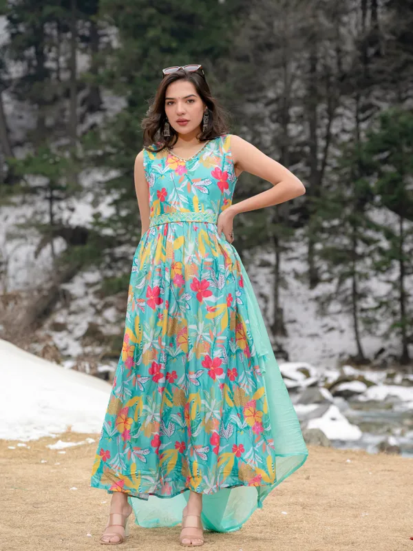 Women_Sleeveless_Premium_Chinon_Printed_Classic_Knee_length_Blue_Kurta_With_Belt_and_Dupatta
