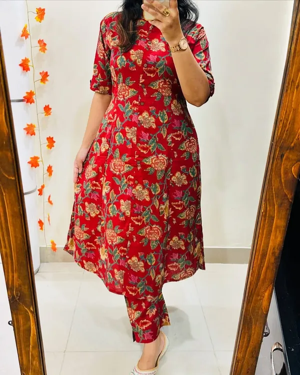 Women_Maroon_Floral_Fine_Printed_Cotton_Co-Ord_Set_Aline_Pattern_Paired_With_Ankle_Length_Pant