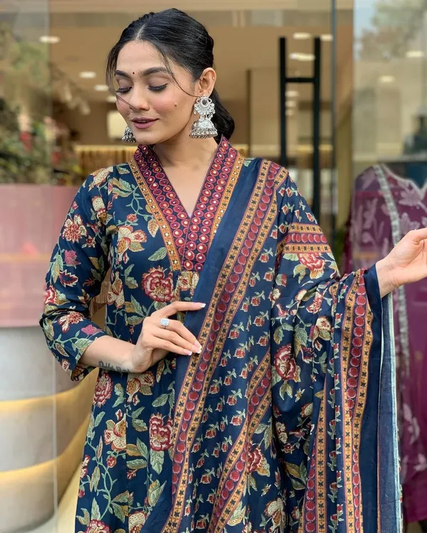 Women_Beautiful_Cotton_Flower_Printed_Neckline_Worked_Blue_Kurta_And_Pant_With_Cotton_Mulmul_Dupatta