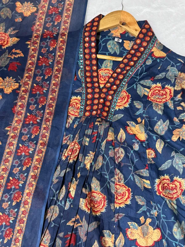 Women_Beautiful_Cotton_Flower_Printed_Neckline_Worked_Blue_Kurta_And_Pant_With_Cotton_Mulmul_Dupatta