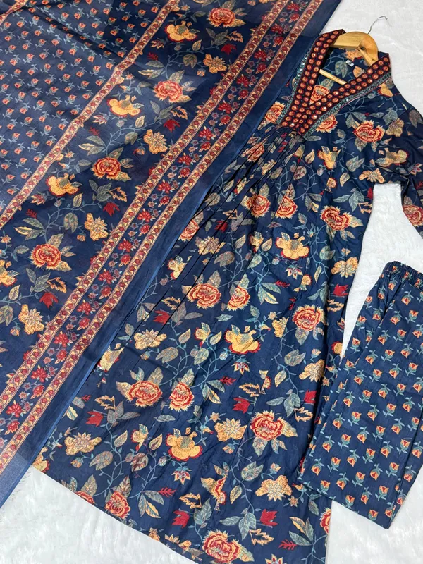 Women_Beautiful_Cotton_Flower_Printed_Neckline_Worked_Blue_Kurta_And_Pant_With_Cotton_Mulmul_Dupatta