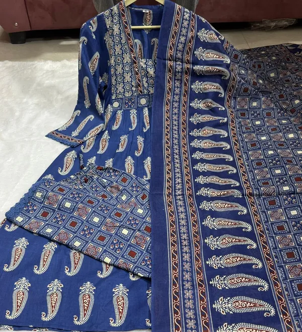 Women_Cotton_Anarkali_Beautiful_Handwork_and_Mirror_Work_With_Ajrakh_Printed_Blue_Kurta_With_Pant_and_Dupatta