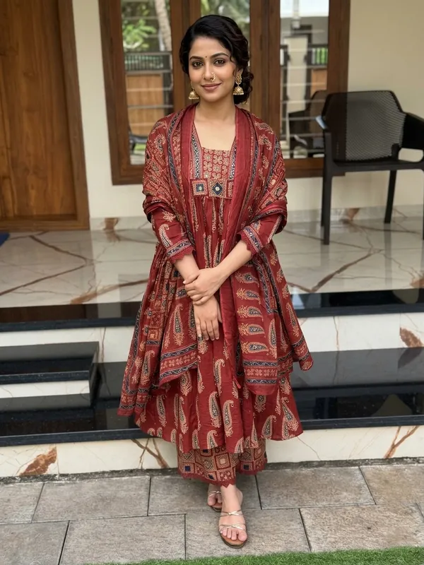 Women_Cotton_Anarkali_Beautiful_Handwork_and_Mirror_Work_With_Ajrakh_Printed_Maroon_Kurta_With_Pant_and_Dupatta
