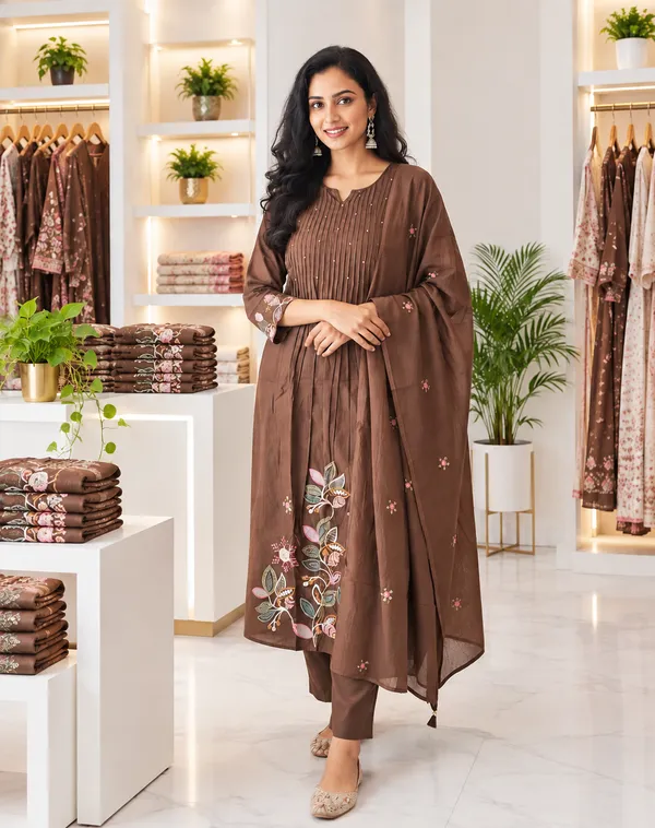 Women_Cotton_Graceful_Pin-Tuck_(Pintex)_And_Embroidered_Worked_Brown_(Coffee)_Kurta_With_Pant_And_Mulmul_Dupatta