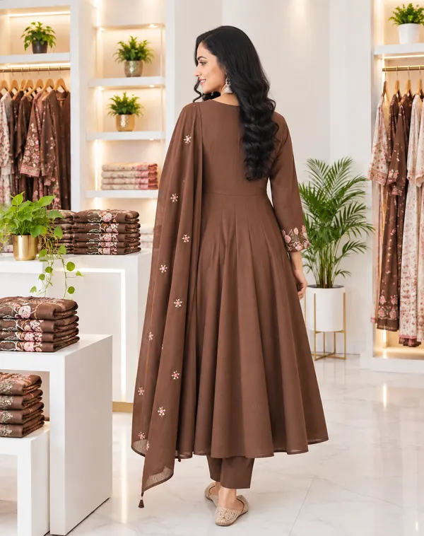 Women_Cotton_Graceful_Pin-Tuck_(Pintex)_And_Embroidered_Worked_Brown_(Coffee)_Kurta_With_Pant_And_Mulmul_Dupatta