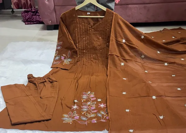 Women_Cotton_Graceful_Pin-Tuck_(Pintex)_And_Embroidered_Worked_Brown_(Coffee)_Kurta_With_Pant_And_Mulmul_Dupatta