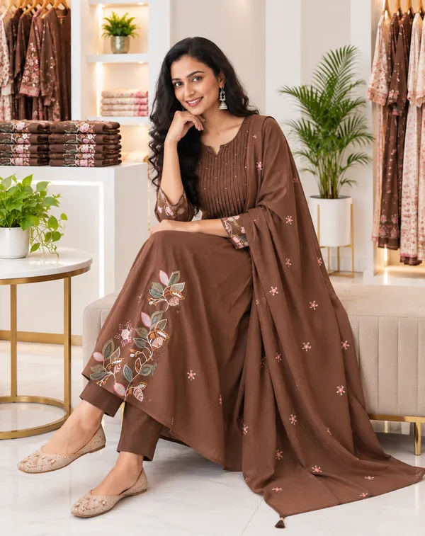 Women_Cotton_Graceful_Pin-Tuck_(Pintex)_And_Embroidered_Worked_Brown_(Coffee)_Kurta_With_Pant_And_Mulmul_Dupatta