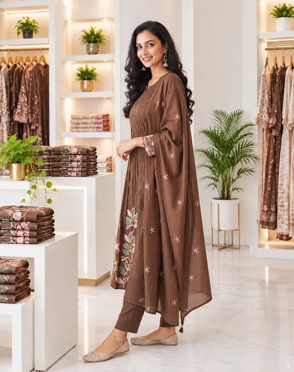 Women_Cotton_Graceful_Pin-Tuck_(Pintex)_And_Embroidered_Worked_Brown_(Coffee)_Kurta_With_Pant_And_Mulmul_Dupatta