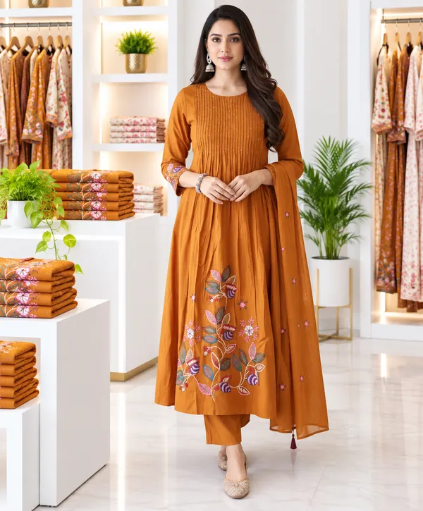 Women_Cotton_Graceful_Pin-Tuck_(Pintex)_And_Embroidered_Worked_Rust-Orange_Kurta_With_Pant_And_Mulmul_Dupatta