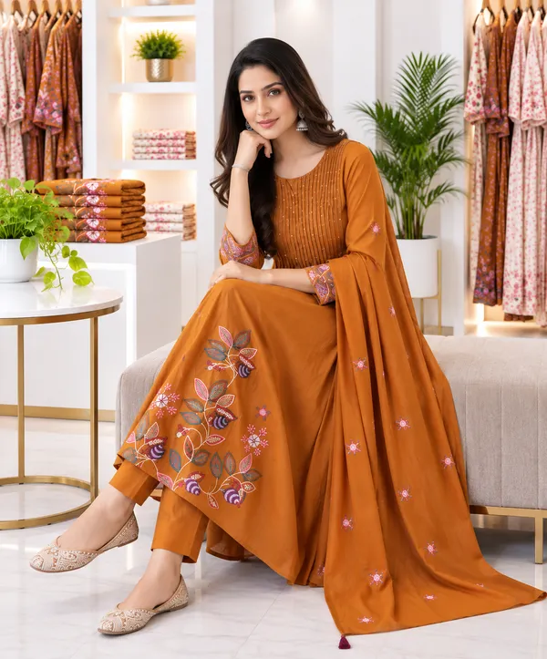Women_Cotton_Graceful_Pin-Tuck_(Pintex)_And_Embroidered_Worked_Rust-Orange_Kurta_With_Pant_And_Mulmul_Dupatta