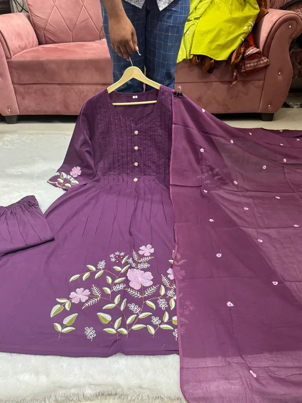 Women_Deep_Purple_Embroidered_Cotton_Pleated_Kurta_and_Pant_with_Dupatta