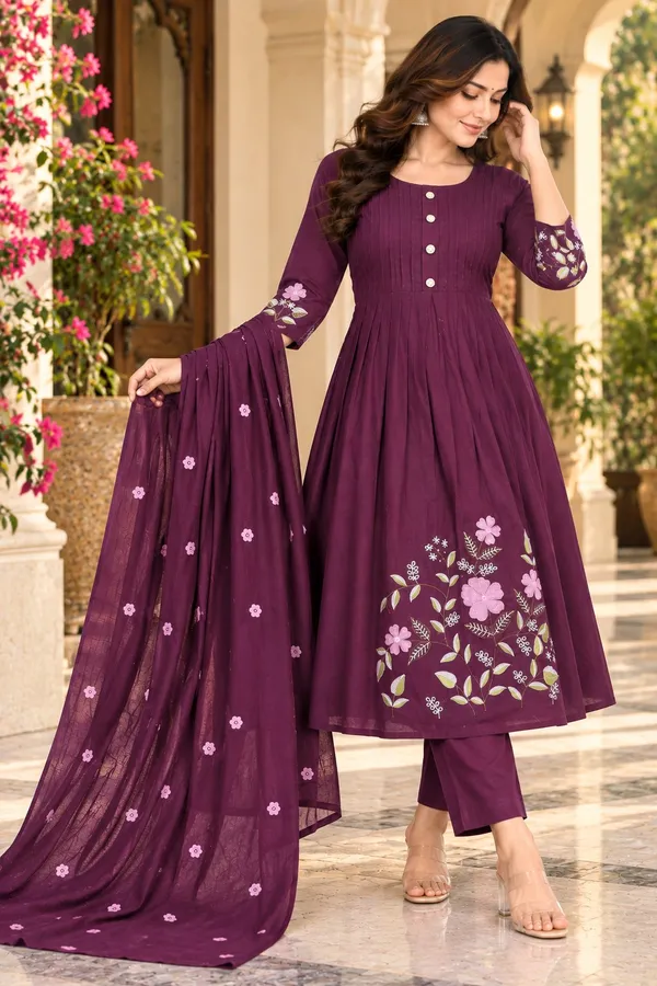 Women_Deep_Purple_Embroidered_Cotton_Pleated_Kurta_and_Pant_with_Dupatta
