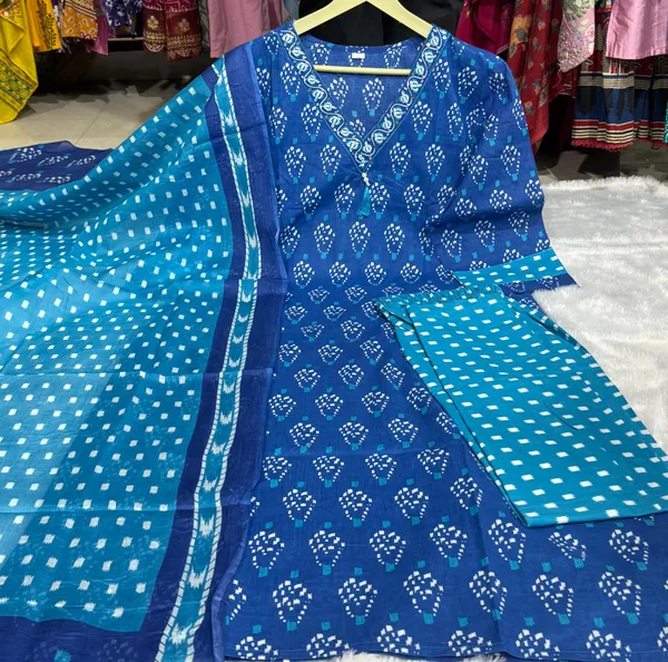 Women_Designer_Rich_Cotton_Floral_Printed_Blue_Kurta_And_Pant_With_Dupatta