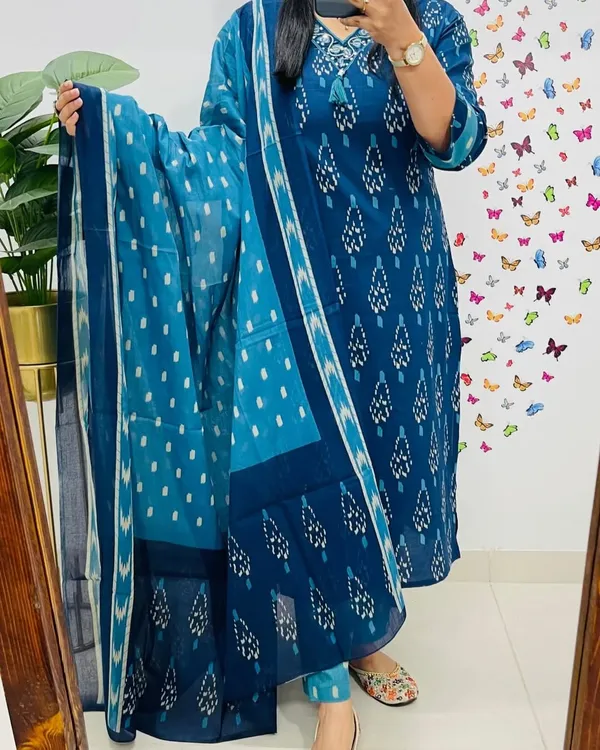 Women_Designer_Rich_Cotton_Floral_Printed_Blue_Kurta_And_Pant_With_Dupatta