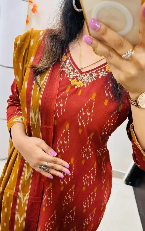Women_Designer_Rich_Cotton_Floral_Printed_Maroon_Yellow_Kurta_And_Pant_With_Dupatta
