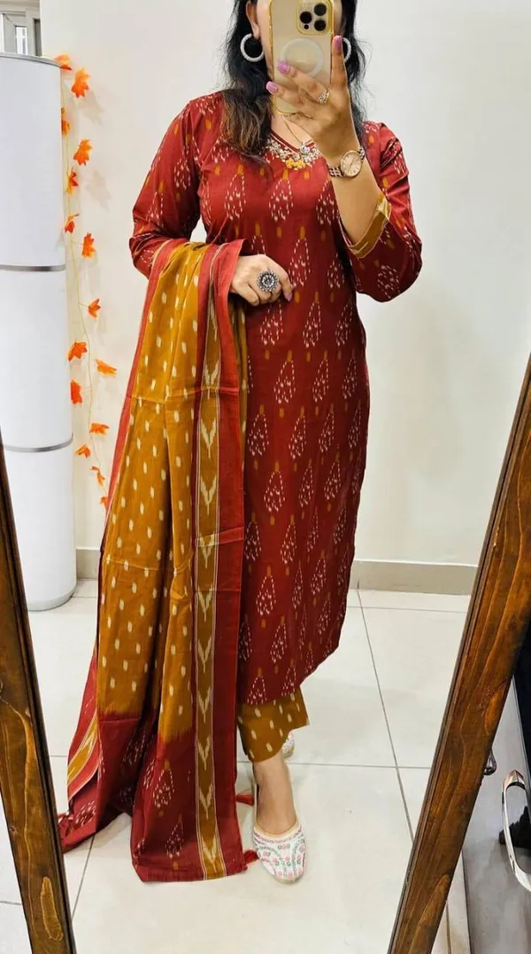 Women_Designer_Rich_Cotton_Floral_Printed_Maroon_Yellow_Kurta_And_Pant_With_Dupatta