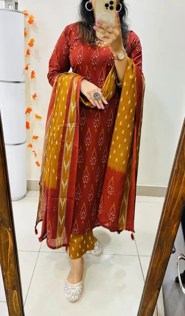 Women_Designer_Rich_Cotton_Floral_Printed_Maroon_Yellow_Kurta_And_Pant_With_Dupatta