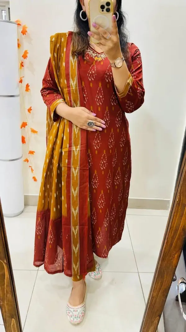 Women_Designer_Rich_Cotton_Floral_Printed_Maroon_Yellow_Kurta_And_Pant_With_Dupatta