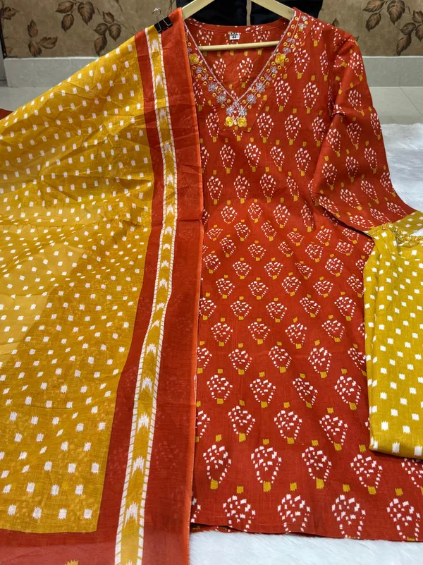 Women_Designer_Rich_Cotton_Floral_Printed_Maroon_Yellow_Kurta_And_Pant_With_Dupatta
