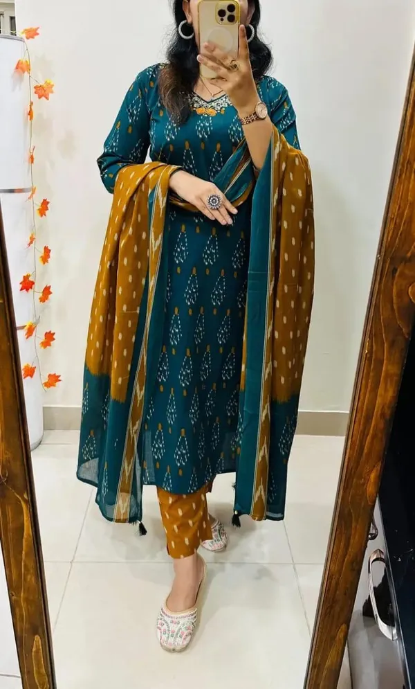 Women_Designer_Rich_Cotton_Floral_Printed_Rama_Yellow_Kurta_And_Pant_With_Dupatta