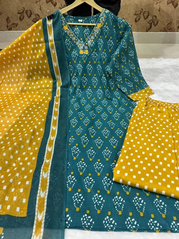 Women_Designer_Rich_Cotton_Floral_Printed_Rama_Yellow_Kurta_And_Pant_With_Dupatta