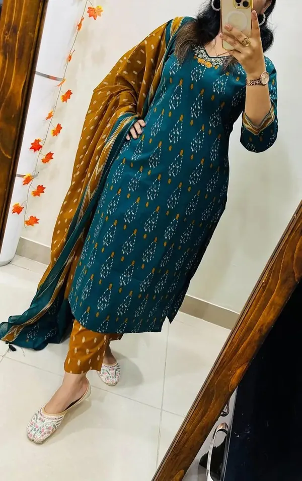 Women_Designer_Rich_Cotton_Floral_Printed_Rama_Yellow_Kurta_And_Pant_With_Dupatta