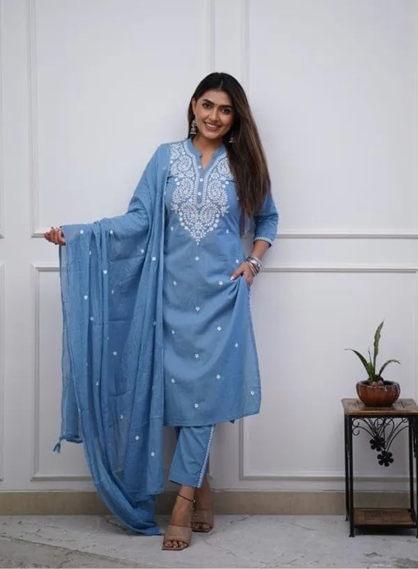Women_Embroidered_Panel_Worked_Straight_Cotton_Blue_Kurta_With_Pant_and_Dupatta