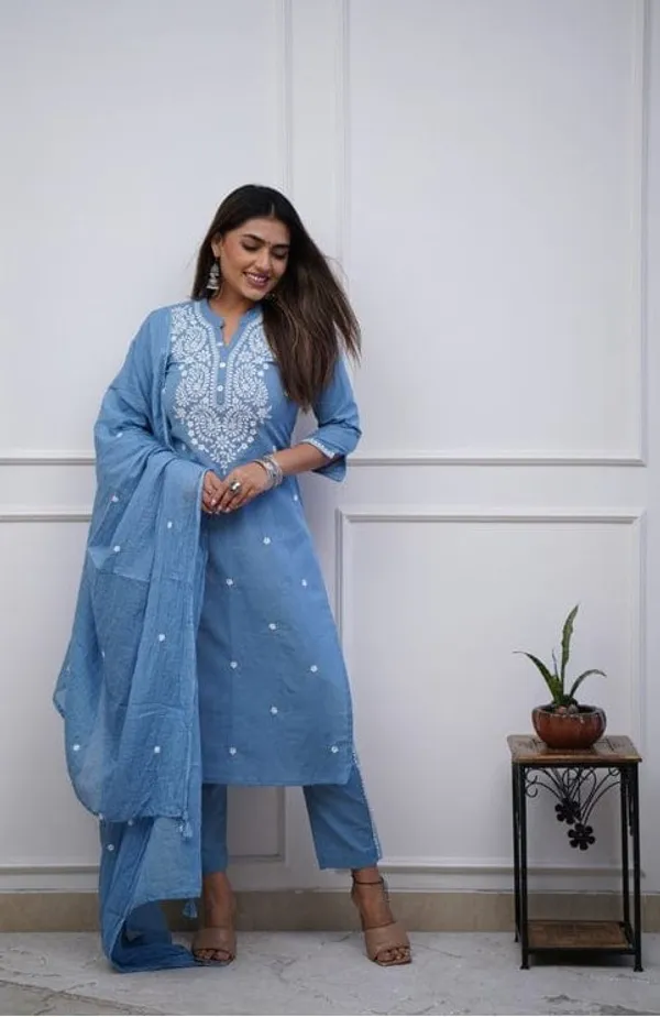 Women_Embroidered_Panel_Worked_Straight_Cotton_Blue_Kurta_With_Pant_and_Dupatta